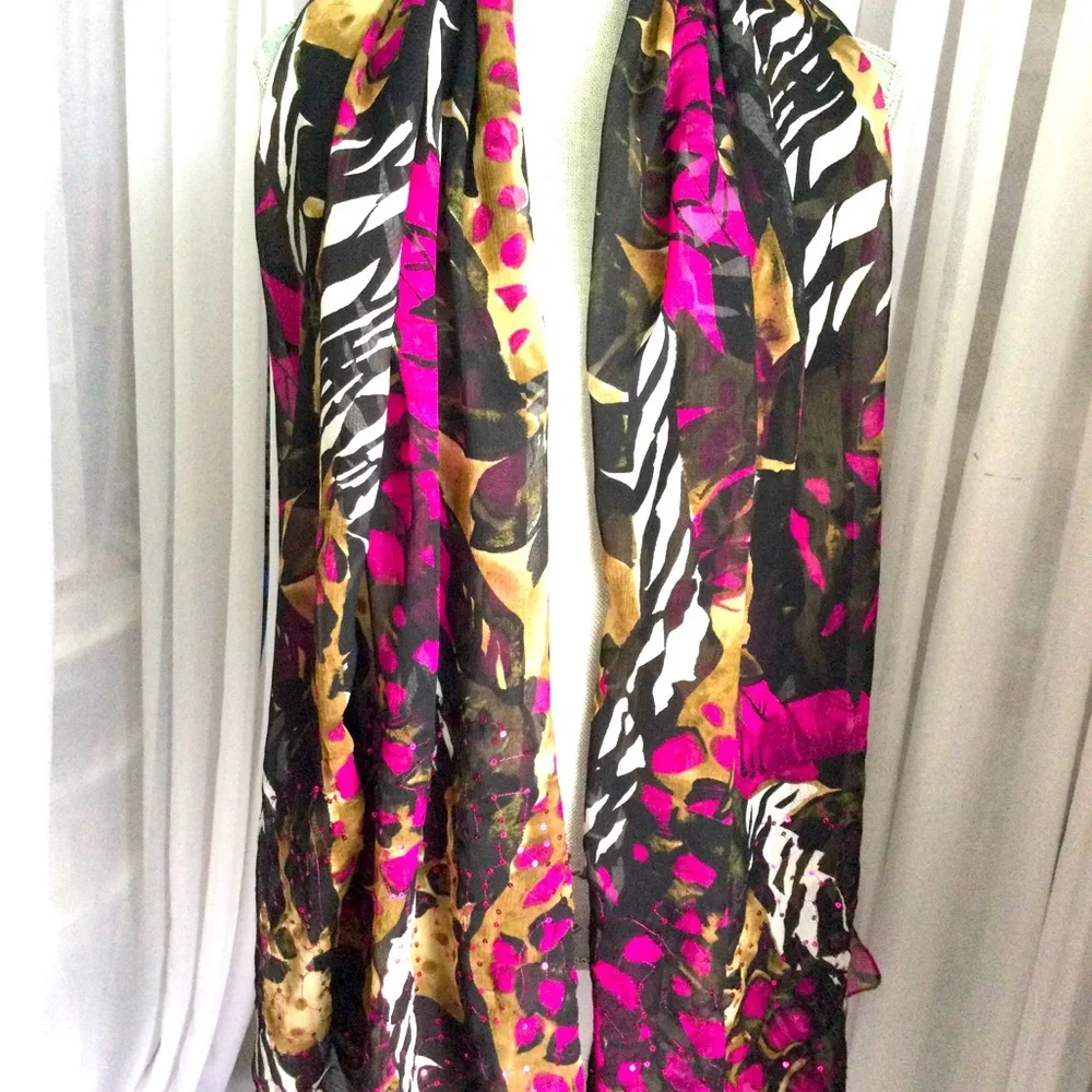 Massimo Fuchsia and Black scarf, coverup sequin large rectangle.